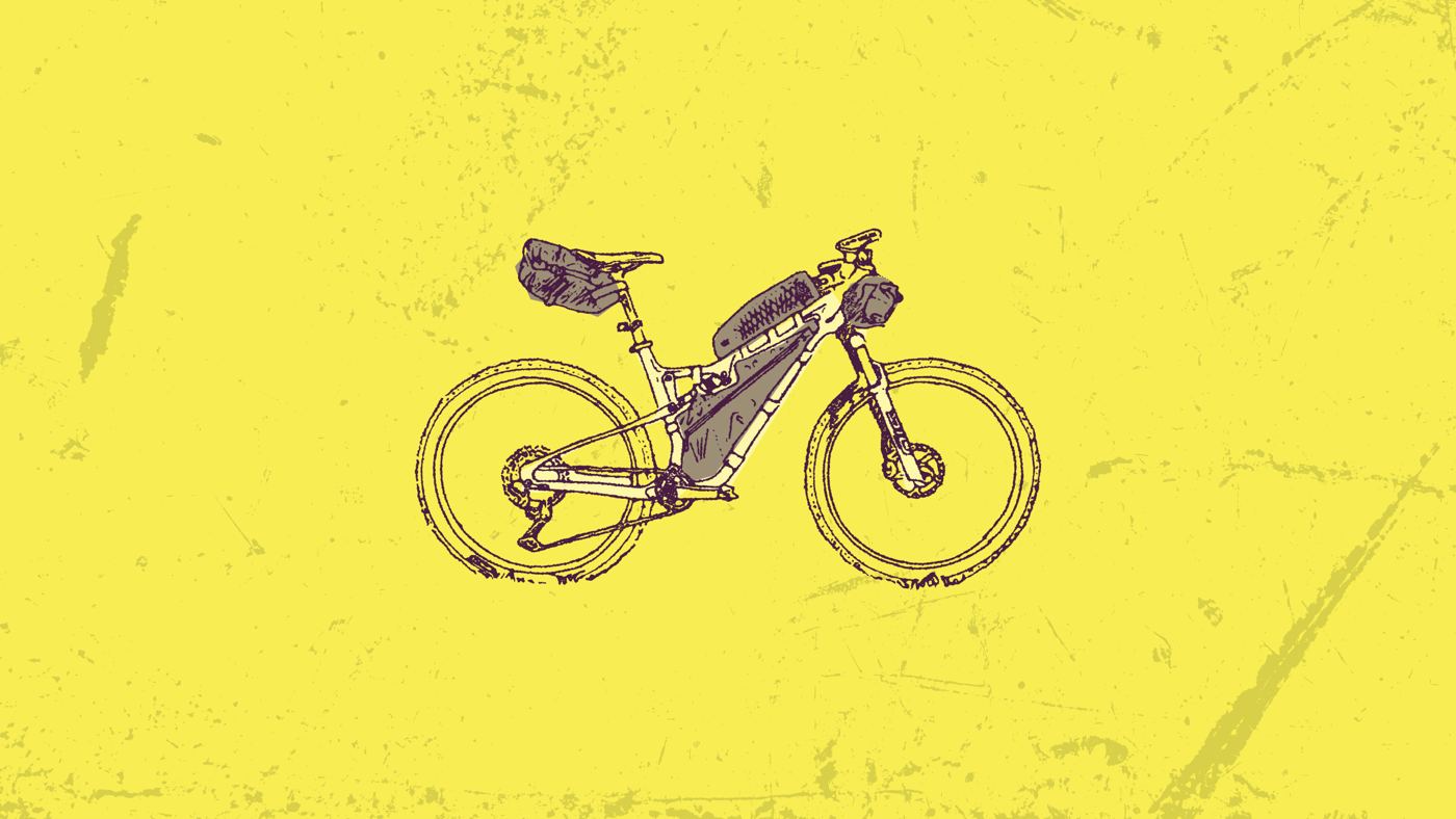 Illustration of a loaded bikepacking bike on yellow